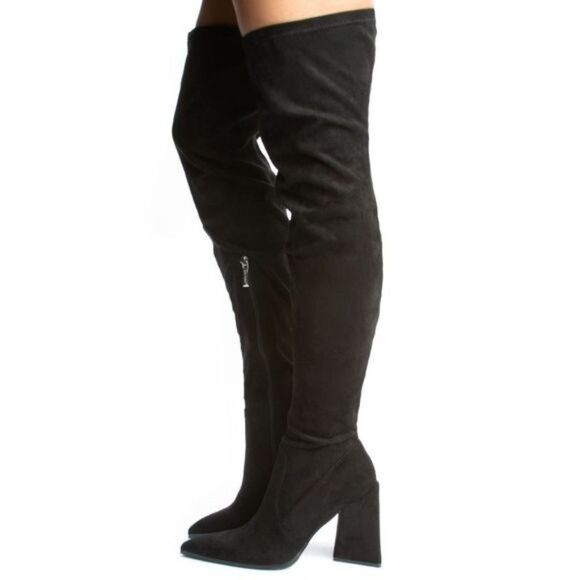 Women's Black Over The Knee pointed Chunky Block Heel Boots - Picture 5 of 6